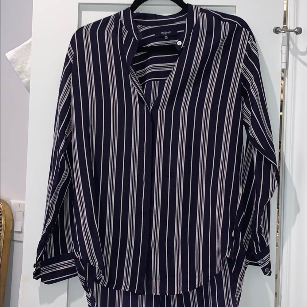 Madewell striped collarless button up silky blouse